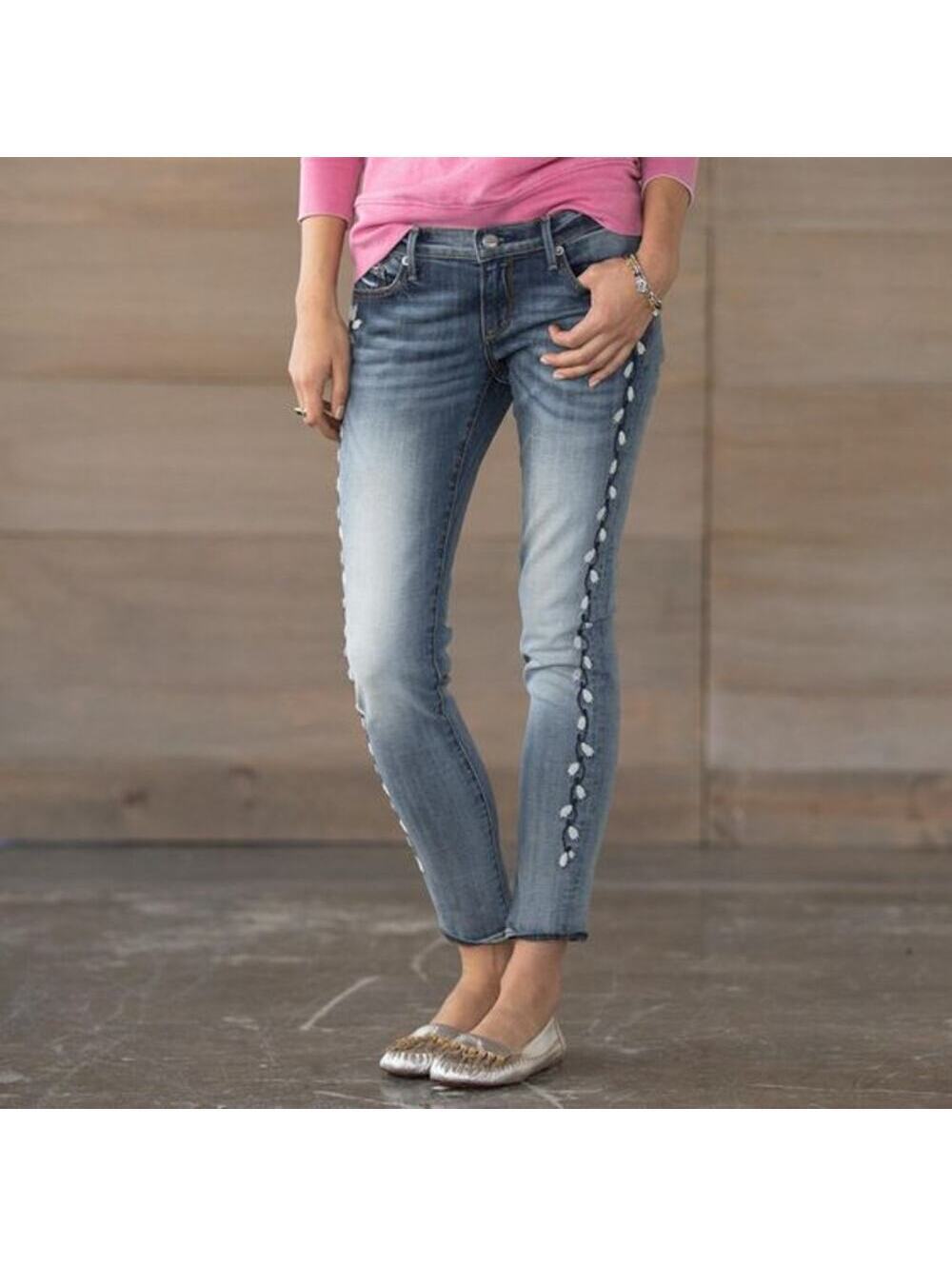 Driftwood Embroidered Marilyn Jeans Size 27 Floral Stretch Denim Blue White